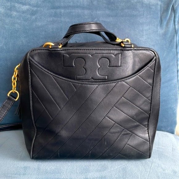 Tory Burch Alexa Satchel In Black Leather with Gold Accents - Picture 2 of 11